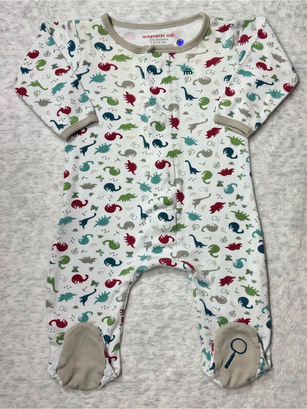 Magnetic Me Colorful Dinosaur Footie Sleeper 3-6M Baby Cotton White Neutral